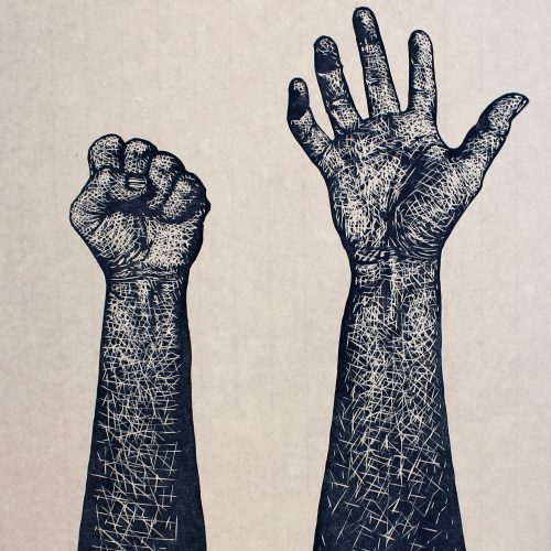 Nina Edling – Av och på. Tresnitt, 58 x 62 cm Nina Edling – Av och på. Tresnitt, 58 x 62 cm